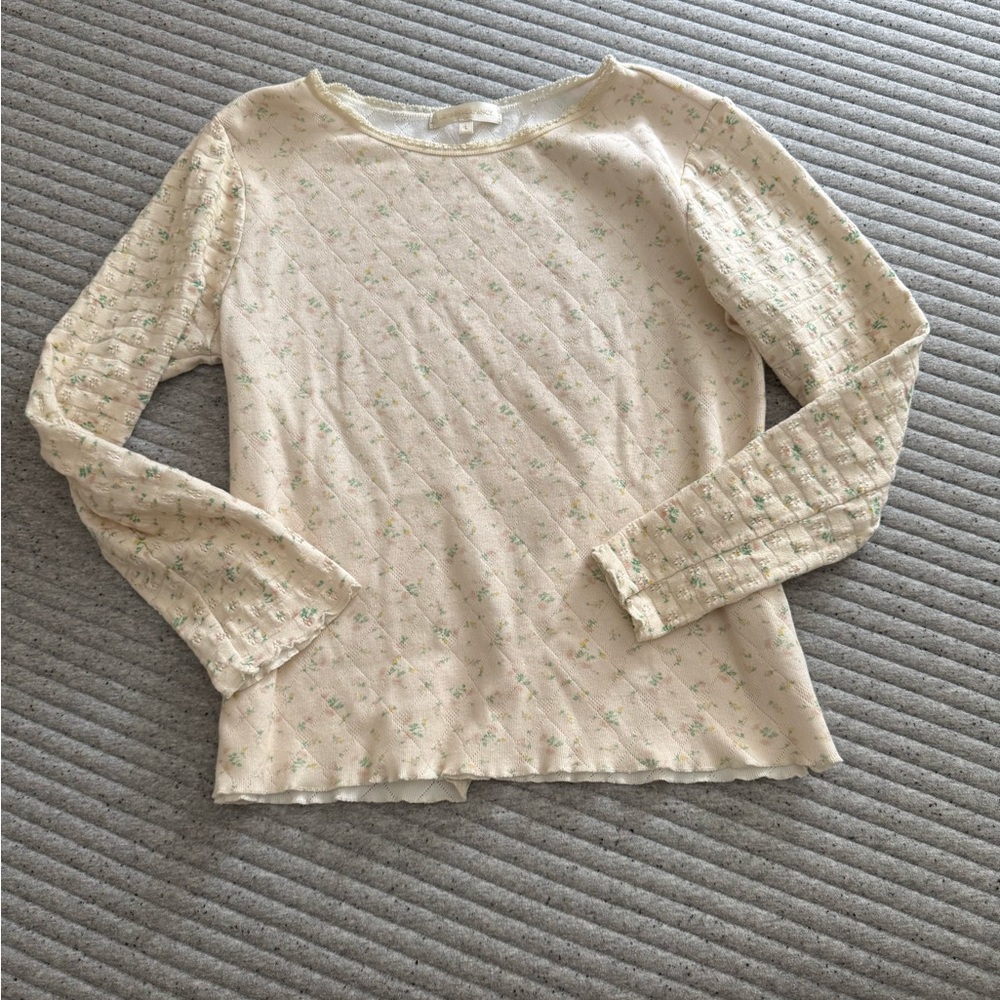 LoveShackFancy Pointelle Cream Floral Long Sleeve Top Size L